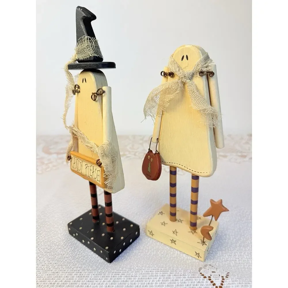 Collins Halloween Ghost Figurine Set of 2 Painted w/ “Candy Please” Sign